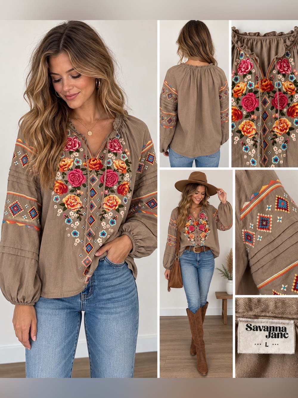 Savanna Jane Embroidered Boho Peasant Blouse Large Floral Southwestern Cotton